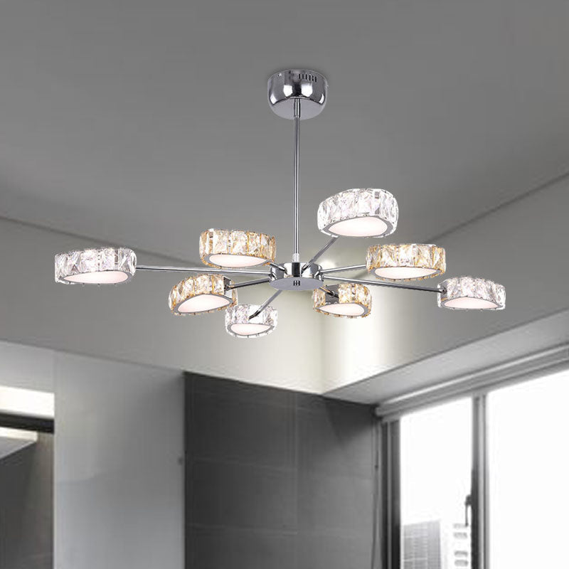 Simple Style Crystal Block Chandelier - 8 Light Triangle Ceiling Lamp In Chrome Warm/White Lighting