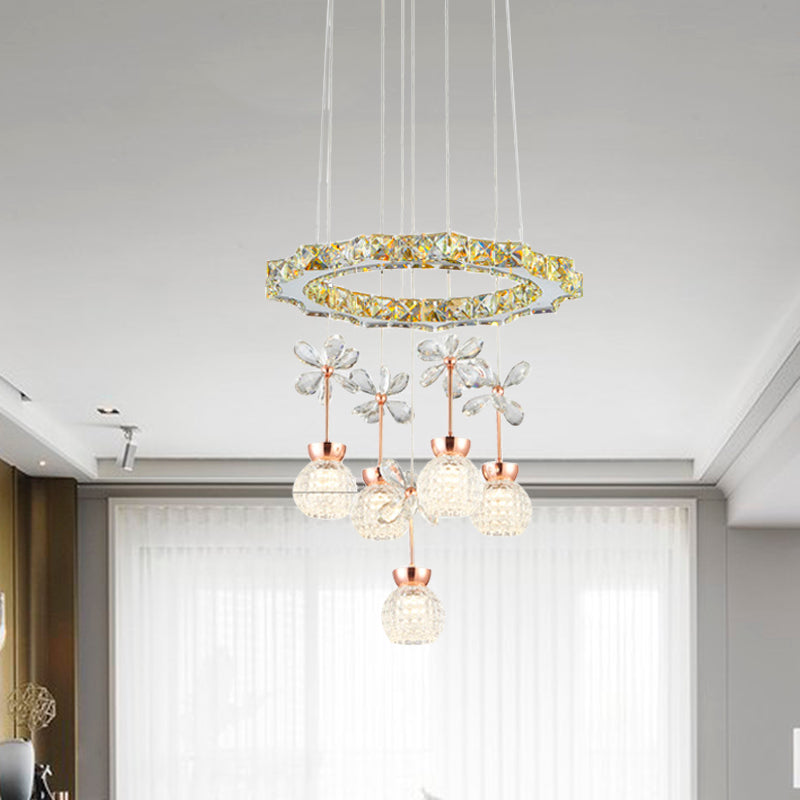 Contemporary Chandelier Pendant Light With Crystal Shade - Modern Chrome Circle/Gear Design (1/3/5