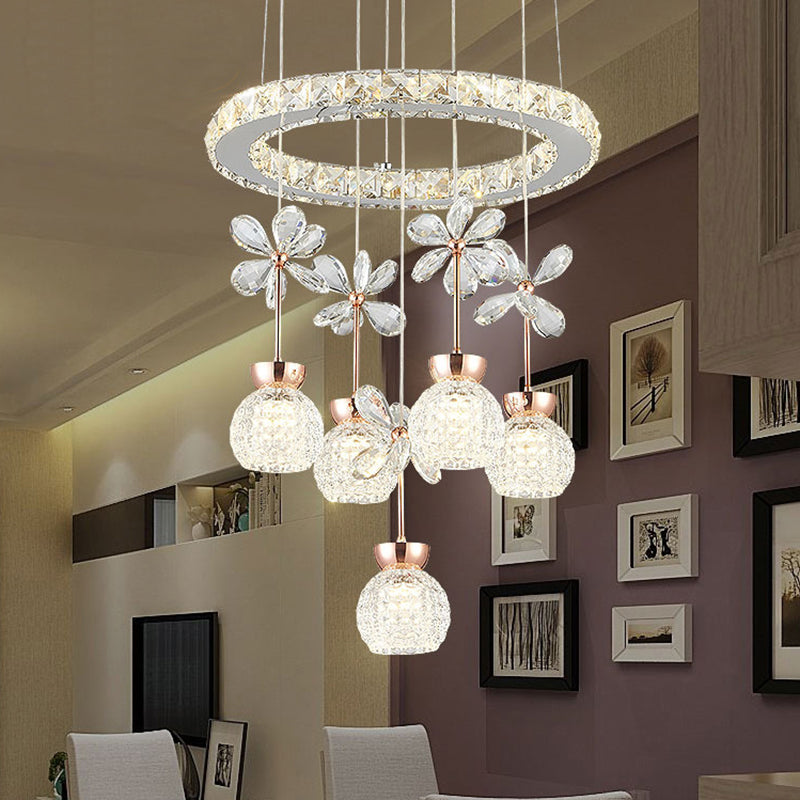 Contemporary Chandelier Pendant Light With Crystal Shade - Modern Chrome Circle/Gear Design (1/3/5