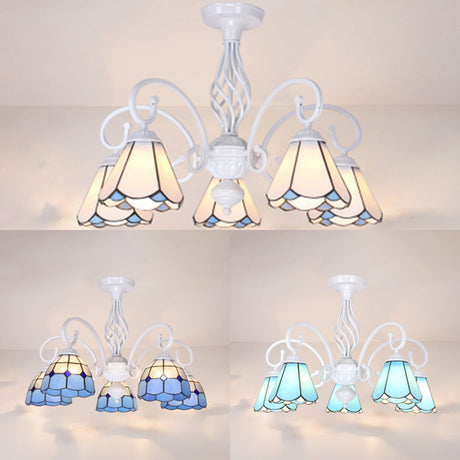 Tiffany Style Semi Flush Mount Light: 3/5-Light White/Blue/Sky Blue Shade For Living Room