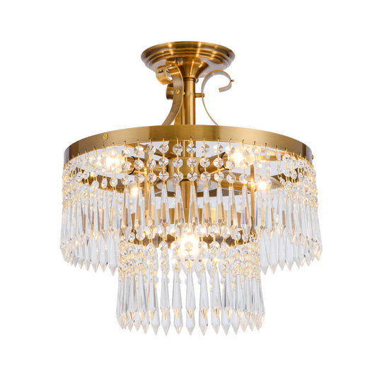 2 - Layer Semi Flush Crystal Ceiling Lamp With 6 Bulbs - Modernist Cut Brushed Brass Finish