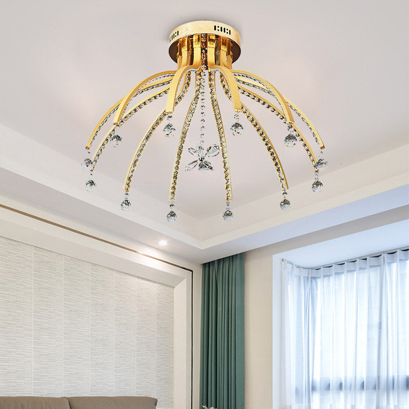 Contemporary Crystal Ball Sputnik Ceiling Mount - Gold Led Semi Flush Light Fixture With 12 Bulbs