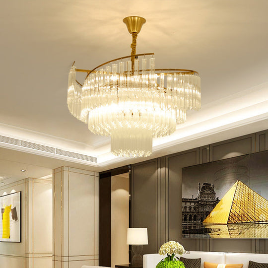 Golden Tiered Crystal Rod Chandelier: 8-Bulb Led Pendant Light For Living Room Gold