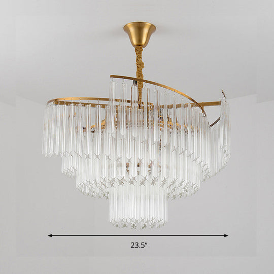Gold Led Pendant Chandelier With Crystal Rod Shade - 8-Bulb Tiered Light Fixture For Living Room