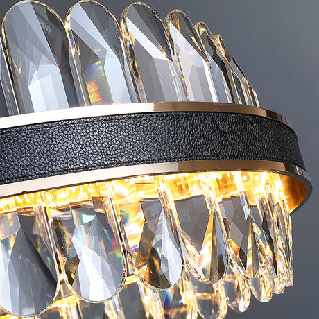 Black Led Chandelier Pendant Light With Round Beveled Crystal Shade - Stylish Living Room Lighting