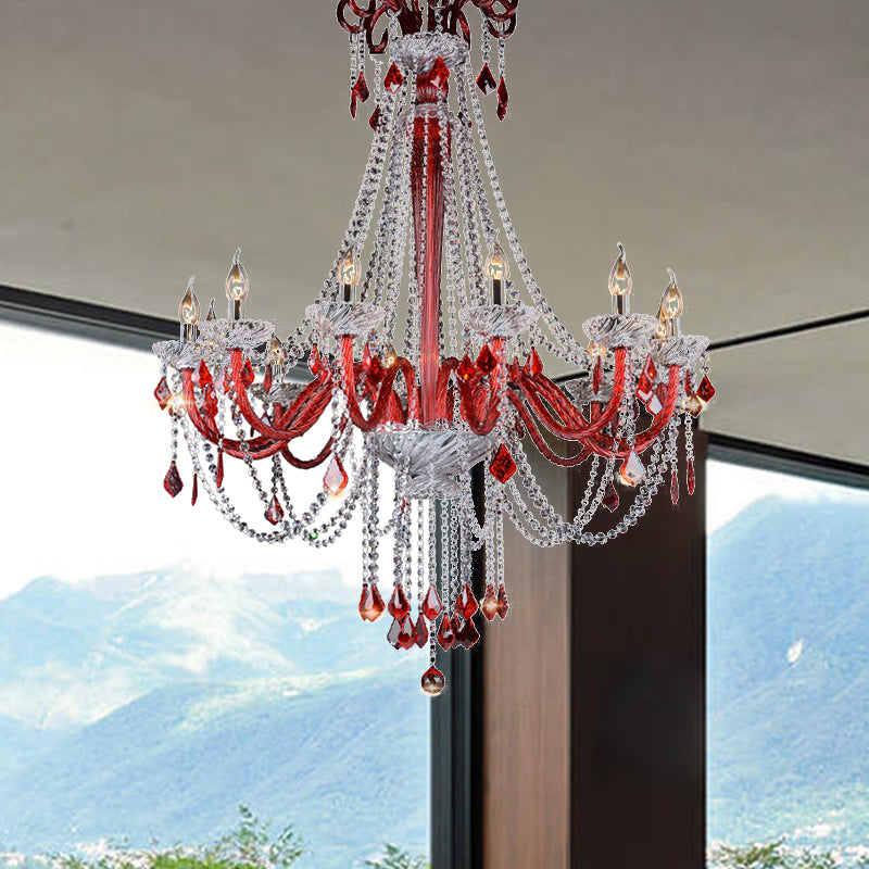 Modern K9 Crystal Candle Chandelier - Red Ceiling Pendant Light With 12 Bulbs For Balcony