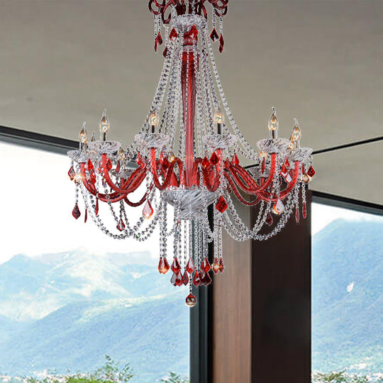 Modern K9 Crystal Candle Chandelier - Red Ceiling Pendant Light With 12 Bulbs For Balcony