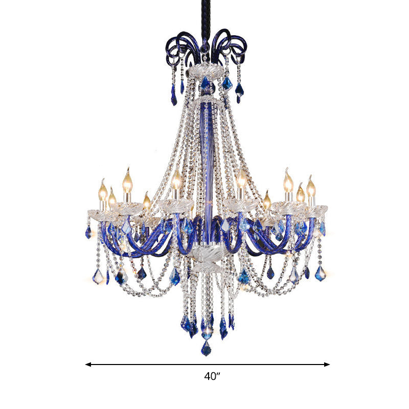 Modern Crystal Hanging Chandelier - 12 Light Blue Ceiling Lamp For Balcony