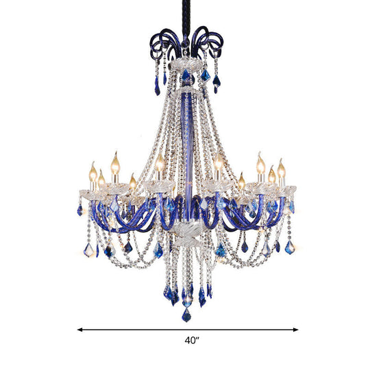 Modern Crystal Hanging Chandelier - 12 Light Blue Ceiling Lamp For Balcony