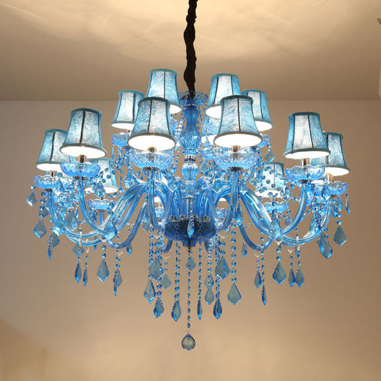 Modern Crystal Pendant Chandelier Blue Hanging Light 6/18 Bulbs Candle/Bell Design 23.5’’/37.5’’ W