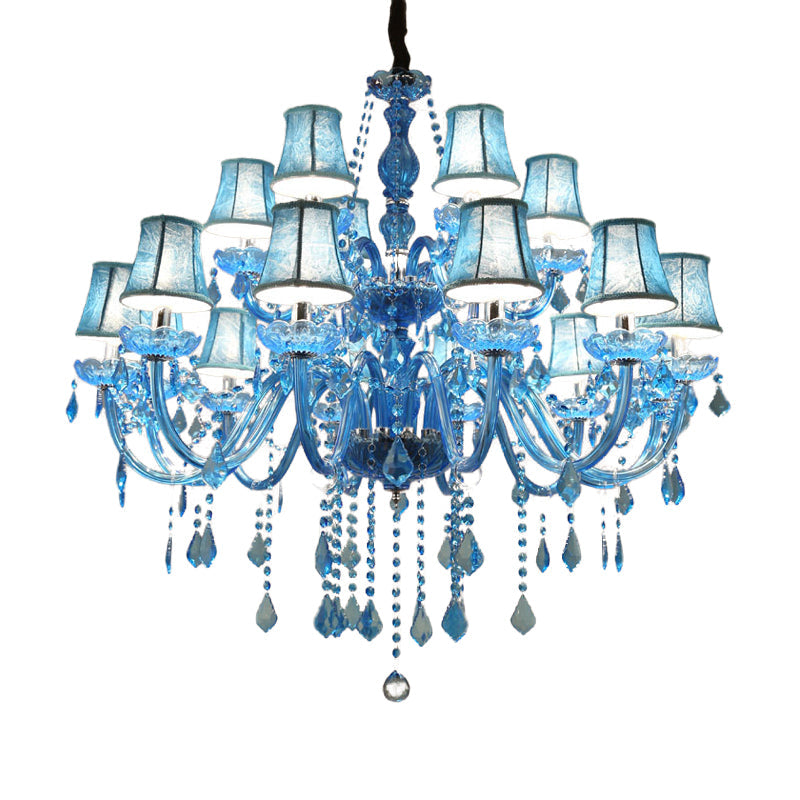 Modern Crystal Pendant Chandelier Blue Hanging Light 6/18 Bulbs Candle/Bell Design 23.5’’/37.5’’ W
