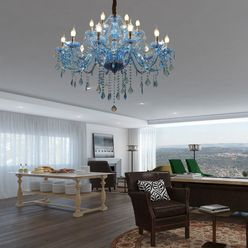 Modern Crystal Pendant Chandelier Blue Hanging Light 6/18 Bulbs Candle/Bell Design 23.5’’/37.5’’ W