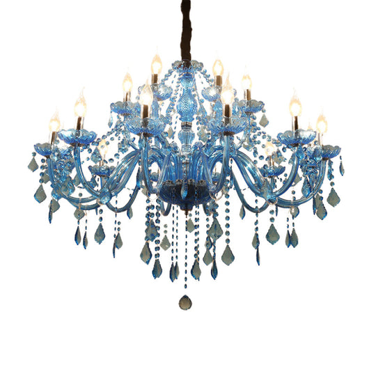 Modern Crystal Pendant Chandelier Blue Hanging Light 6/18 Bulbs Candle/Bell Design 23.5’’/37.5’’ W