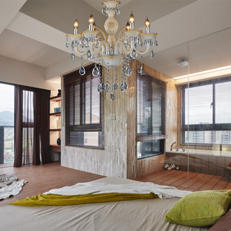 Modern 6/8/18-Light Faceted Crystal Candle Chandelier - Tan Ceiling Lamp For Living Room Multiple