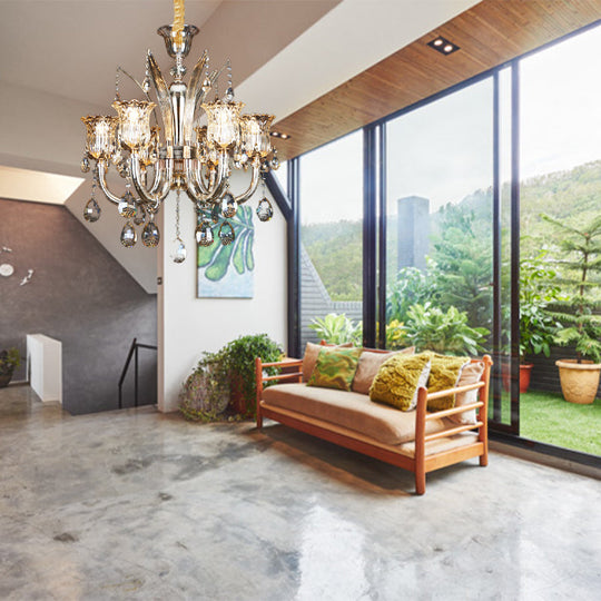 Modern Amber Chandelier Light With Floral Glass Shade - 6/8 Bulbs 23.5/27.5 W