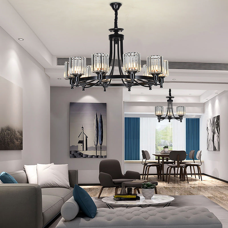 Postmodern 10-Head Cylinder Crystal Rod Pendant Chandelier – Black/Brass Hanging Ceiling Light