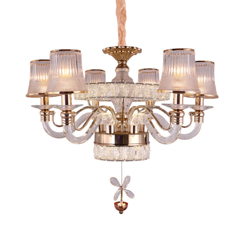Minimalist 6-Head Gold Chandelier Lamp | Empire Shape Ridge Glass Hanging Light Fixture