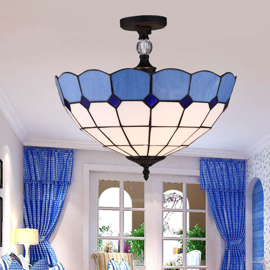Blue Stained Glass Ceiling Light - 12’/16’ Wide Bowl Semi Flush Mount Mediterranean Style / 12’