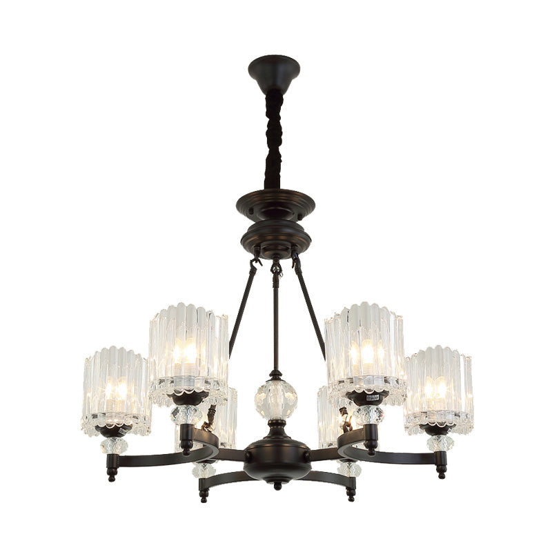 Contemporary Black Cylinder Suspension Lighting With Crystal Rods - 6/8/10 Heads Hanging Lamp Kit