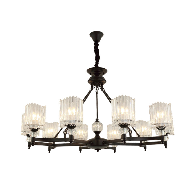 Contemporary Black Cylinder Suspension Lighting With Crystal Rods - 6/8/10 Heads Hanging Lamp Kit