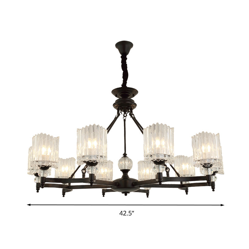 Contemporary Black Cylinder Suspension Lighting With Crystal Rods - 6/8/10 Heads Hanging Lamp Kit