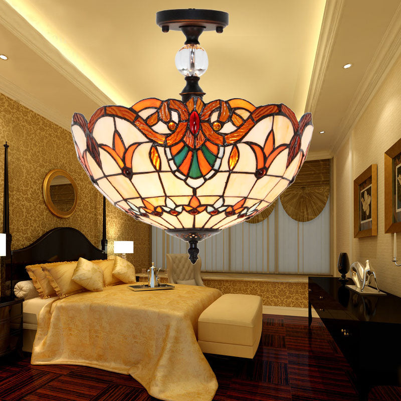 Victorian Bowl Stained Glass Semi Flush Mount Light In Beige - 12’/16’ Diameter / 12’