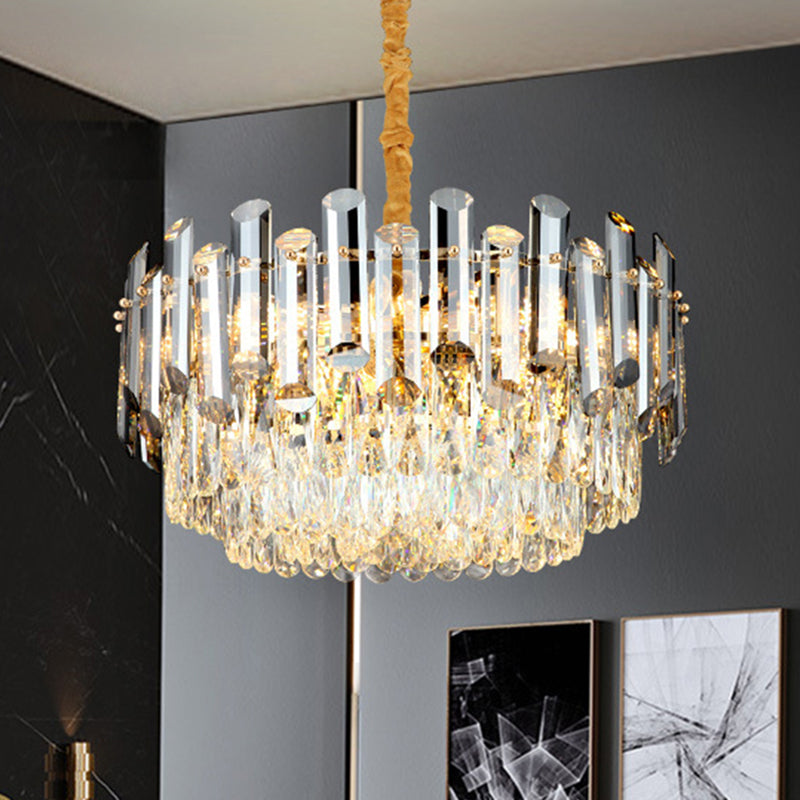Postmodern Drum Crystal Pendant Light Kit With 10 Brass Chandelier Heads