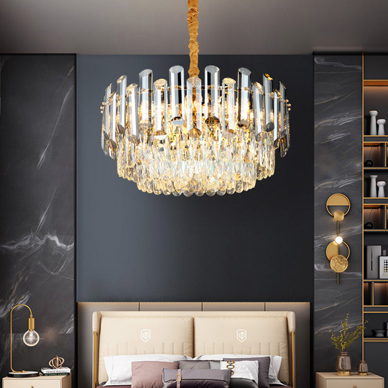Postmodern Brass Chandelier - Beveled Crystal Drum Pendant Light Kit (10 Heads)