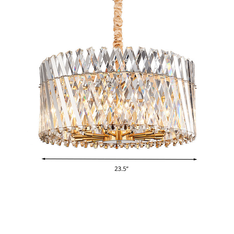 Contemporary Crystal Rod Drum Ceiling Light - Tri-Sided Design 10 Heads Chandelier Fixture