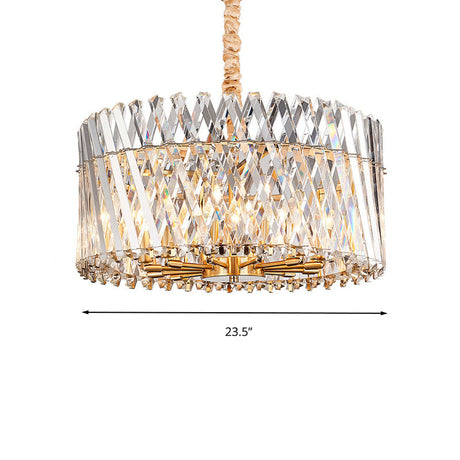 Contemporary Crystal Rod Drum Ceiling Light - Tri-Sided Design 10 Heads Chandelier Fixture