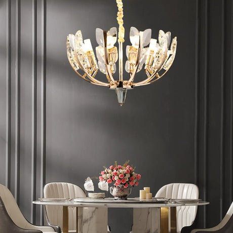 Curved Arm Hanging Ceiling Light With Leaf Crystal Accents - 8/10 Head Chandelier Lamp For Modern