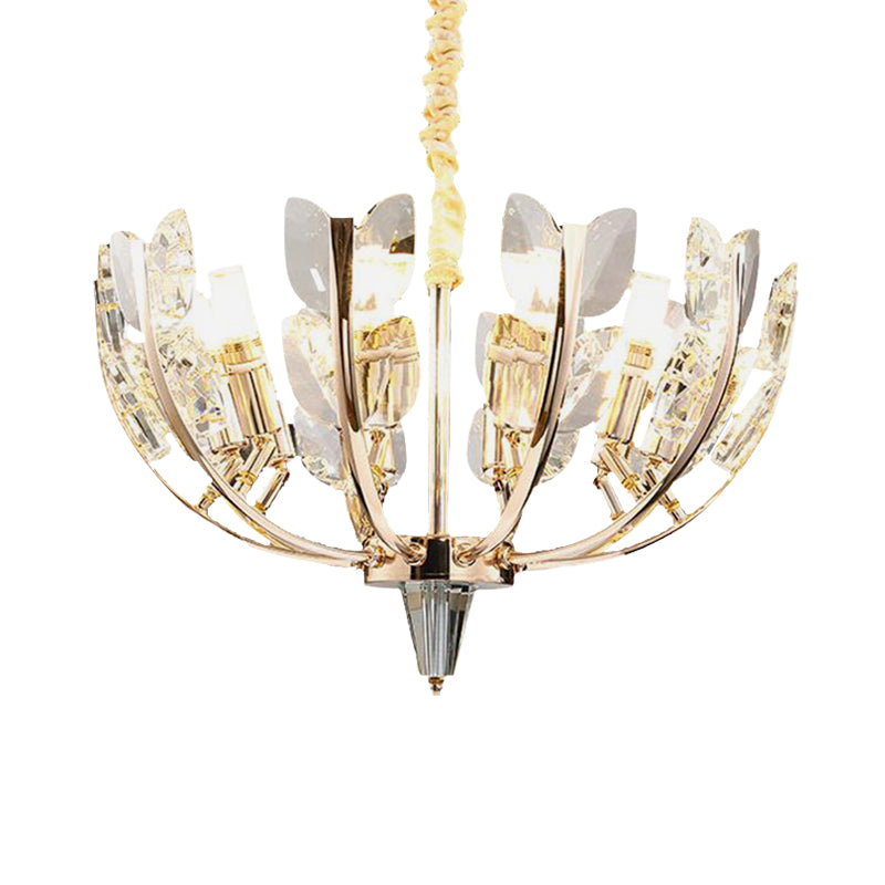 Modern Curved Arm Ceiling Light With Leaf Crystal 8/10 Heads Brushed Brass Finish