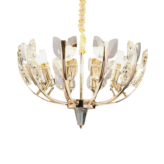 Modern Curved Arm Ceiling Light With Leaf Crystal 8/10 Heads Brushed Brass Finish