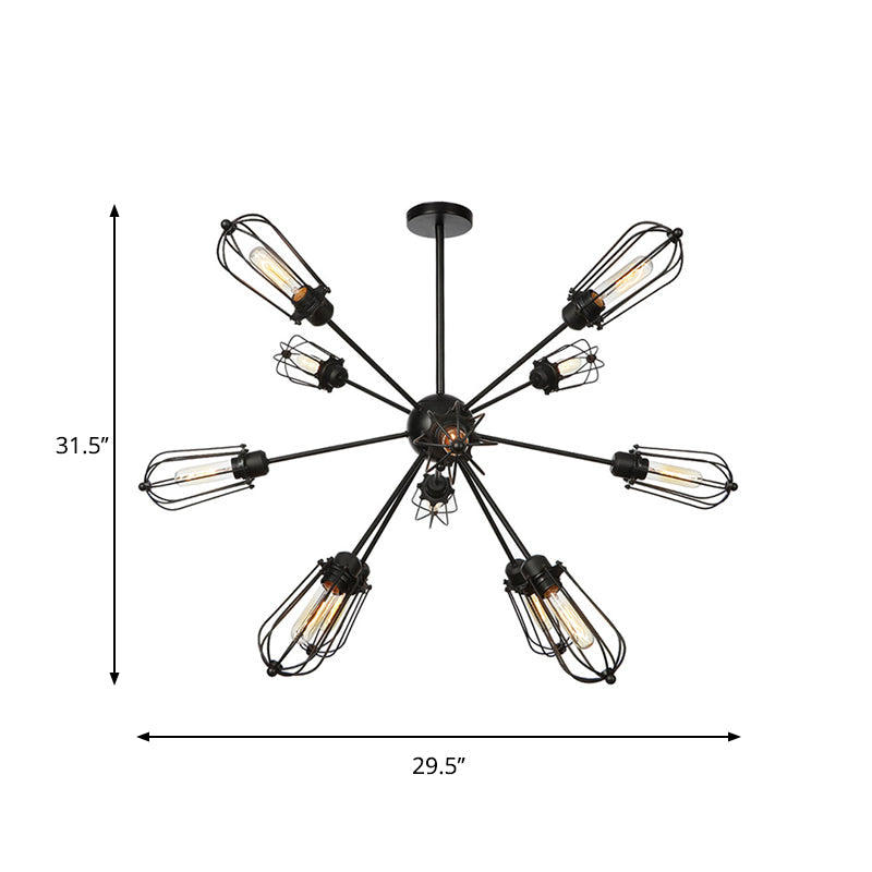 Warehouse Style Metal Bulb Cage Chandelier - Black Hanging Lamp With 9/12/15 Heads For Living Room
