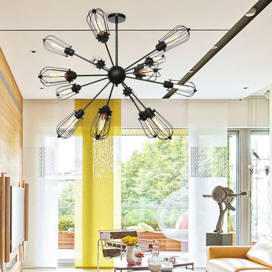 Warehouse Style Metal Bulb Cage Chandelier - Black Hanging Lamp With 9/12/15 Heads For Living Room