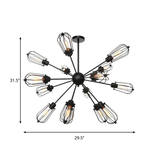 Warehouse Style Metal Bulb Cage Chandelier - Black Hanging Lamp With 9/12/15 Heads For Living Room
