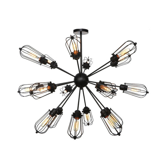 Warehouse Style Metal Bulb Cage Chandelier - Black Hanging Lamp With 9/12/15 Heads For Living Room