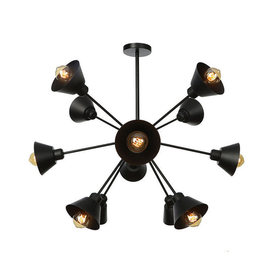 Industrial Stylish Metal Hanging Lamp With Sputnik Design - Cone Shade 9/12/15 Lights Black