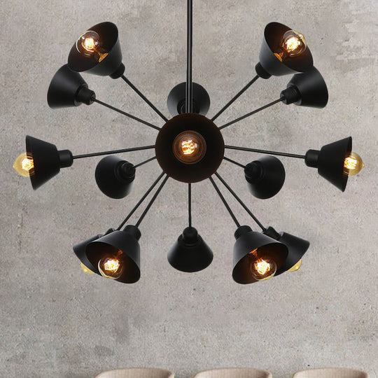 Sleek 9/12/15 Lights Black Chandelier Pendant Light With Industrial Sputnik Design - Cone Shade