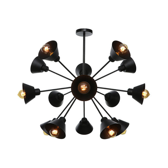 Industrial Stylish Metal Hanging Lamp With Sputnik Design - Cone Shade 9/12/15 Lights Black