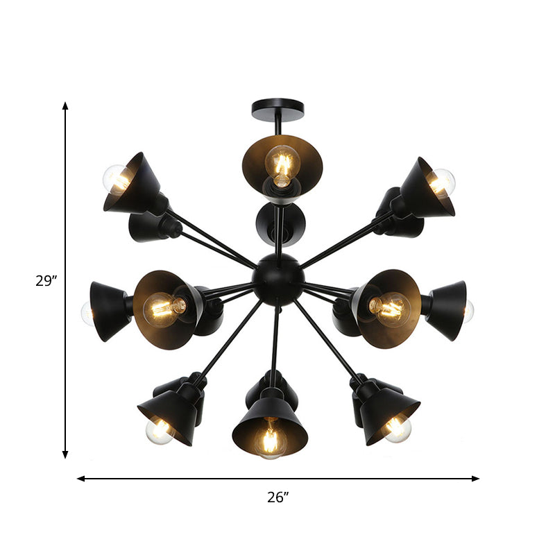 Industrial Stylish Metal Hanging Lamp With Sputnik Design - Cone Shade 9/12/15 Lights Black