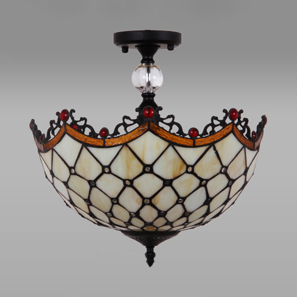 Traditional Tiffany Stained Glass Ceiling Lamp - Scalloped Semi Flush 12’ Or 16’ Bronze Finish