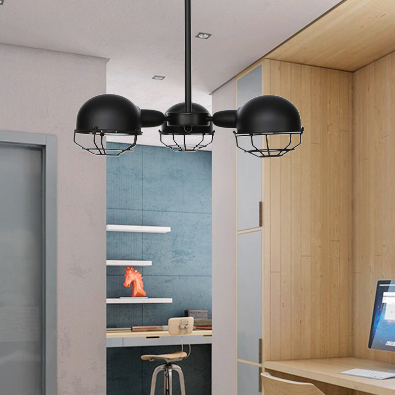 Industrial Style Domed Pendant Light With Wire Frame 3-Bulbs Black/Brass Finish