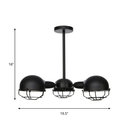 Industrial Style Domed Pendant Light With Wire Frame 3-Bulbs Black/Brass Finish