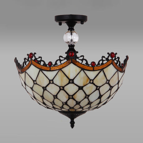 Traditional Tiffany Stained Glass Ceiling Lamp - Scalloped Semi Flush 12 Or 16 Bronze Finish With