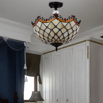 Traditional Tiffany Stained Glass Ceiling Lamp - Scalloped Semi Flush 12’ Or 16’ Bronze Finish