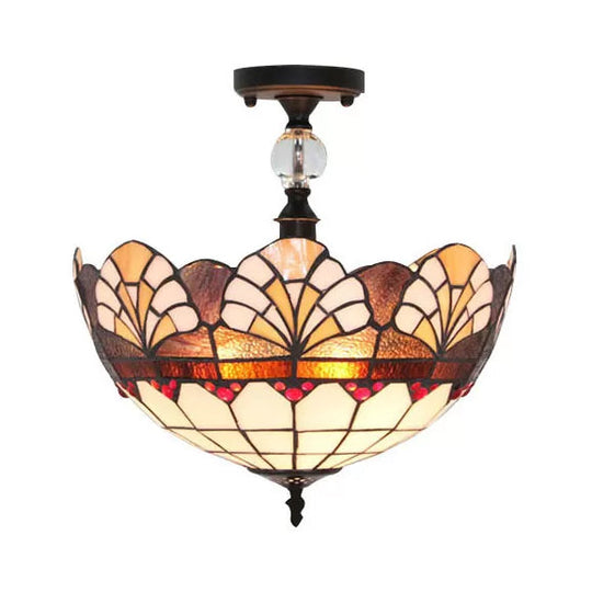Traditional Tiffany Stained Glass Ceiling Lamp - Scalloped Semi Flush 12’ Or 16’ Bronze Finish