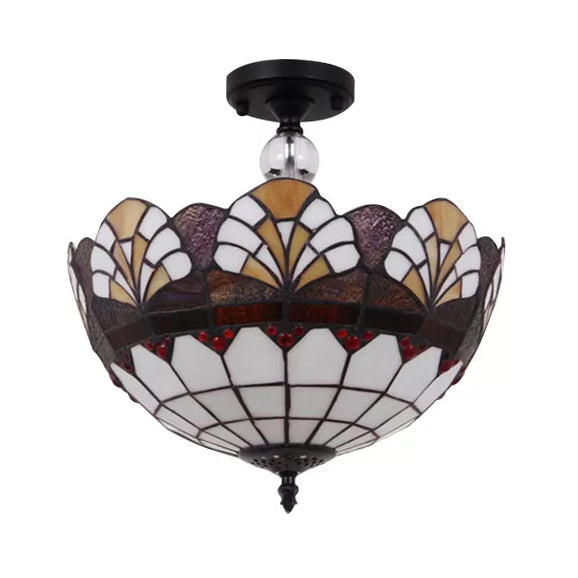 Traditional Tiffany Stained Glass Ceiling Lamp - Scalloped Semi Flush 12’ Or 16’ Bronze Finish