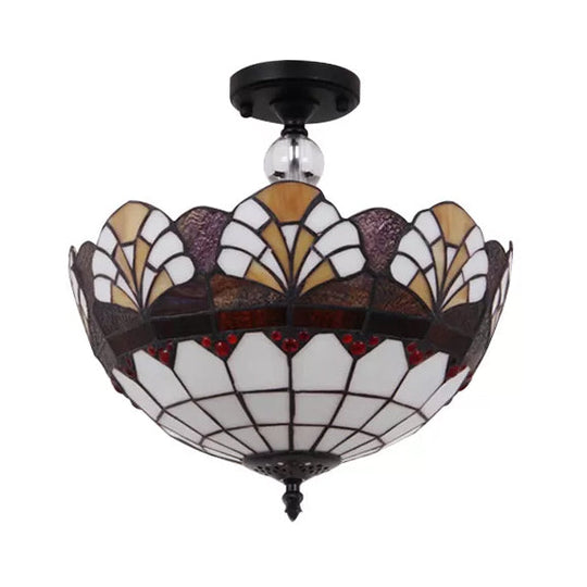 Traditional Tiffany Stained Glass Ceiling Lamp - Scalloped Semi Flush 12’ Or 16’ Bronze Finish
