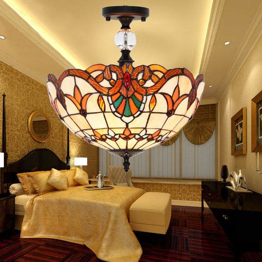 Traditional Tiffany Stained Glass Ceiling Lamp - Scalloped Semi Flush 12’ Or 16’ Bronze Finish